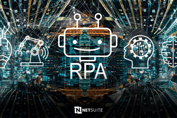 Robotic automated computer data with robot and NetSuite Logo