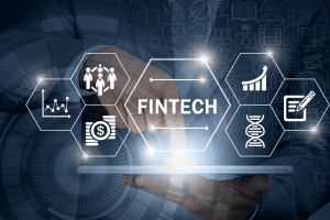 Fintech preojected on screen along with accounting symbols