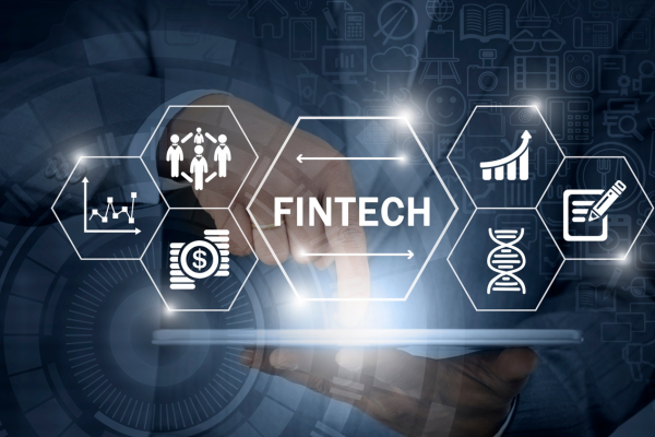 Fintech preojected on screen along with accounting symbols
