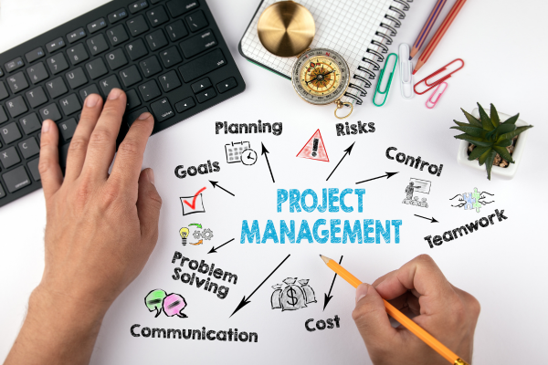 table with 'project management' on it and stationery